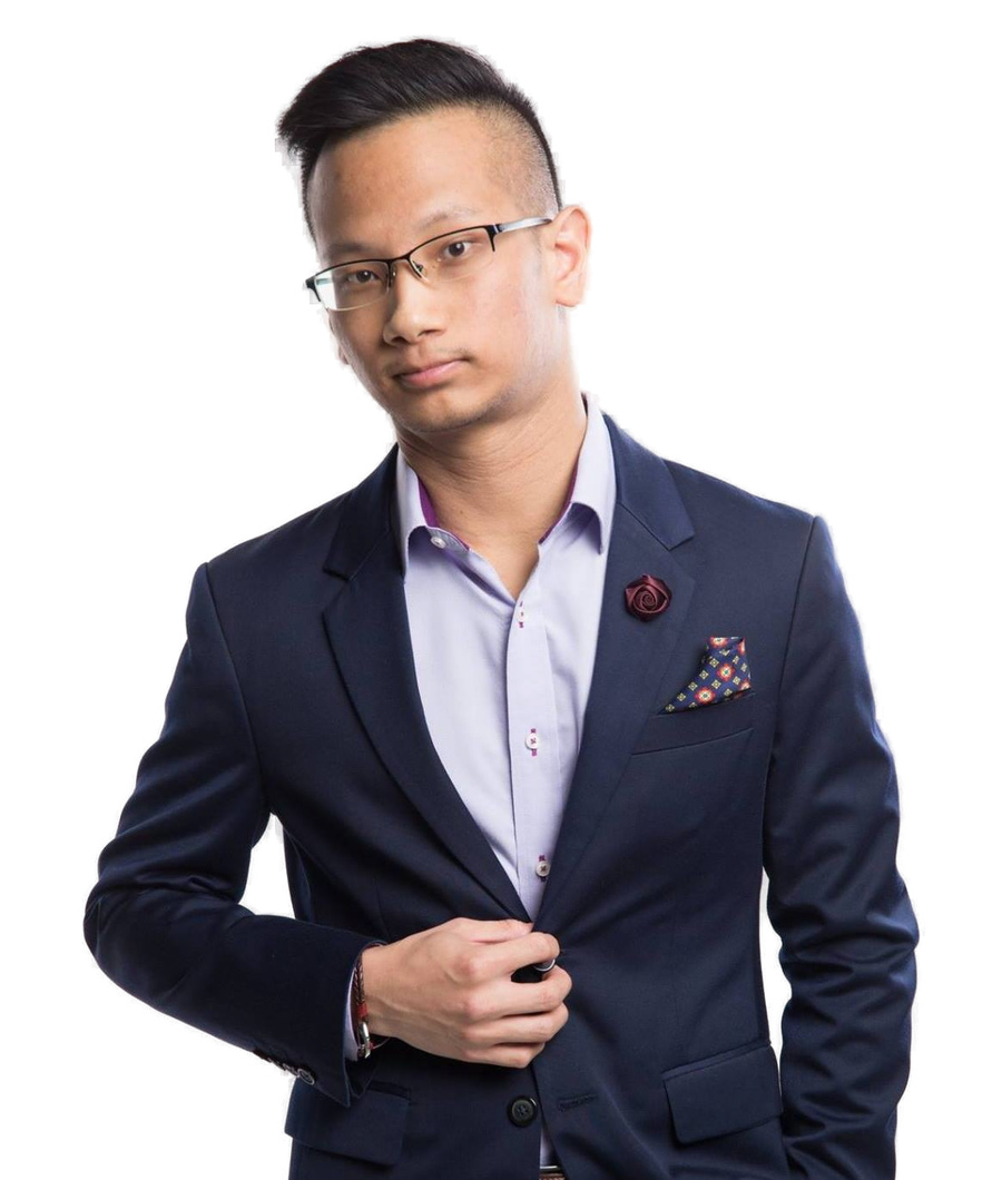 Portrait of Jonathan Lim, a Singapore-based B2B marketer and brand builder, wearing a navy blazer, lavender shirt and burgundy rose lapel pin